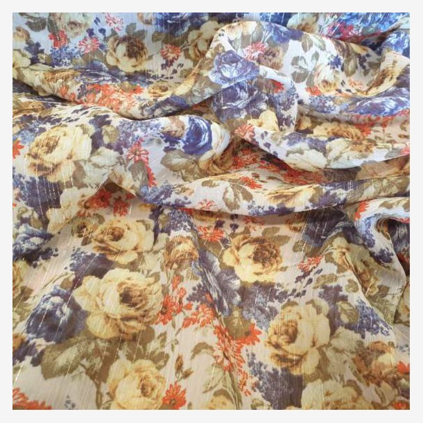 Kreppet 100% polyester- smmnstret - Bl/oliven