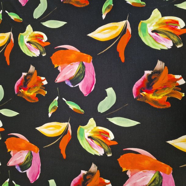 Store tulipaner p svart bunn - 94% viskose / 6% elastan (140cm)